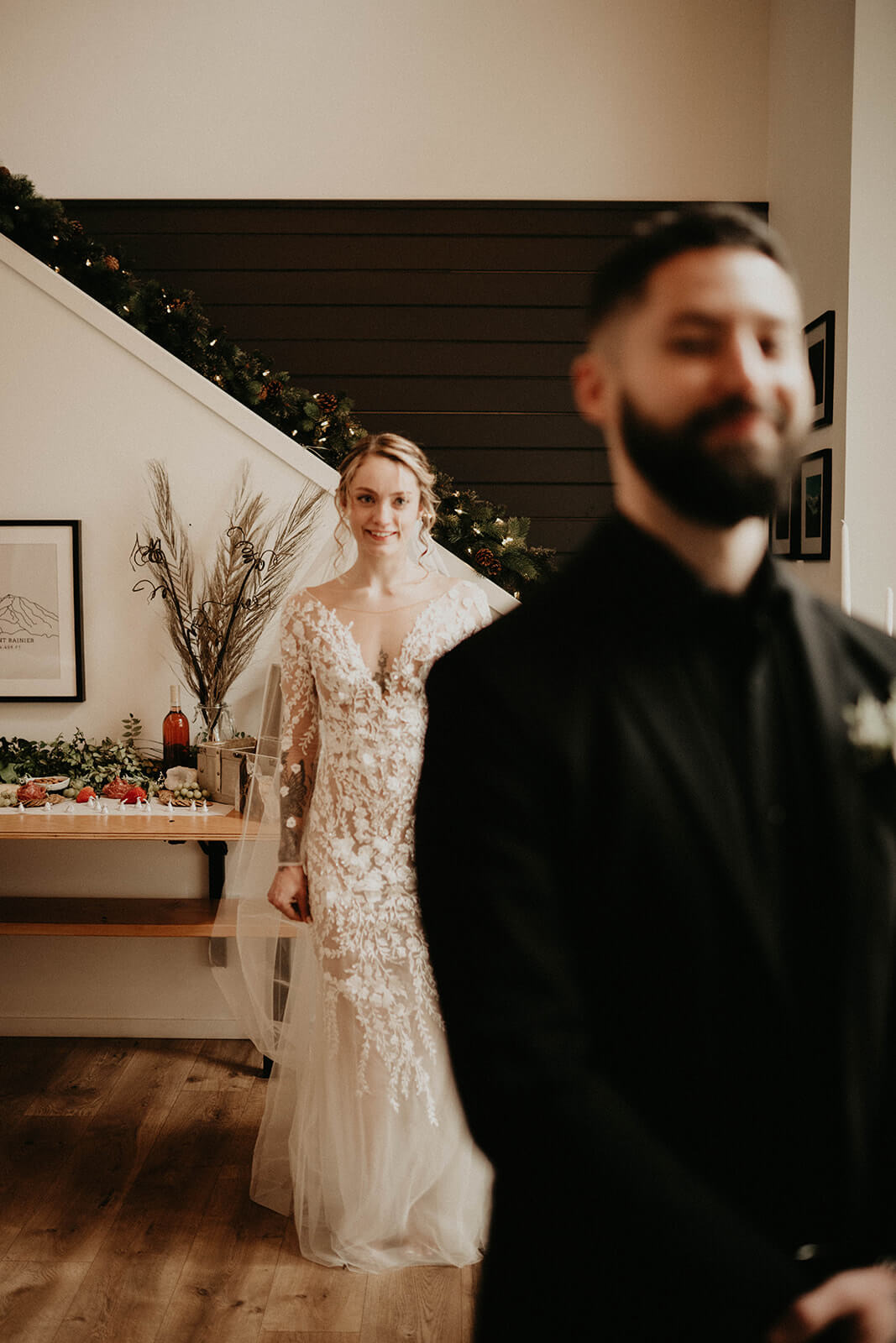 Bride and groom first look at cozy cabin in Mt Rainier