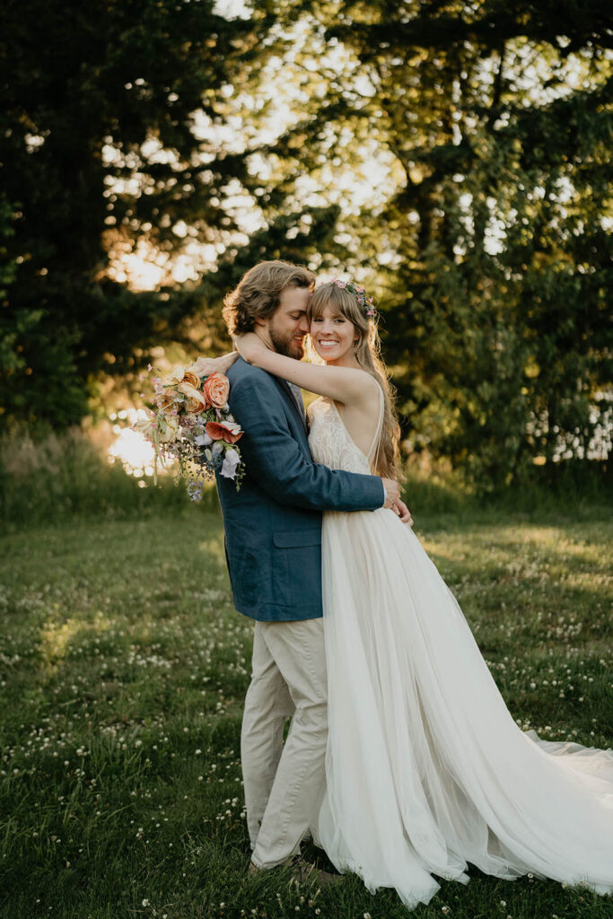 Bride and groom portrait photos at styled photo shoot at Cascade Locks