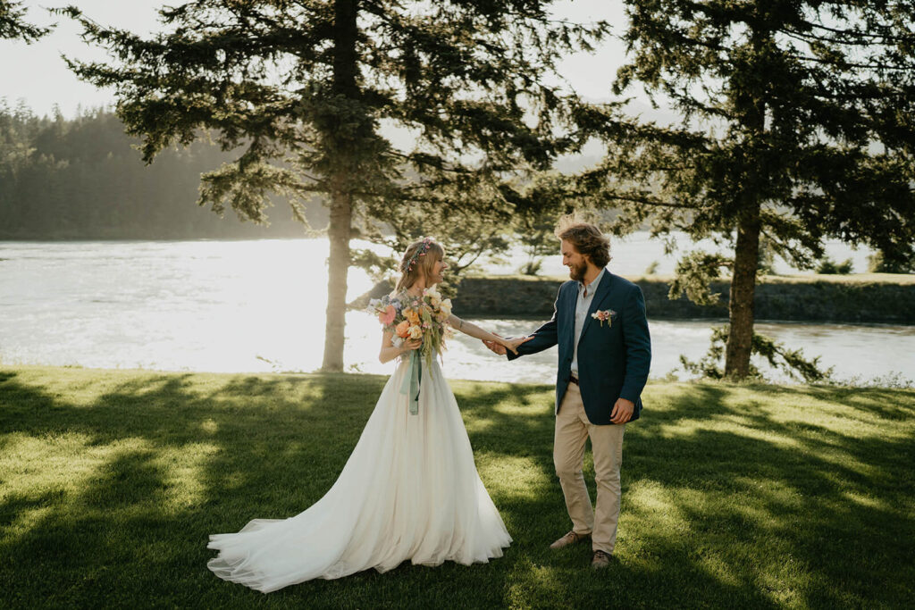 Bride and groom first look on Thunder Island, Oregon