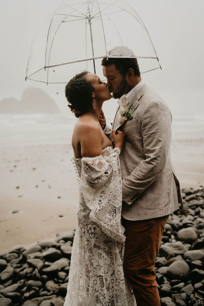 Bride and groom portraits in the rain on the Oregon coast