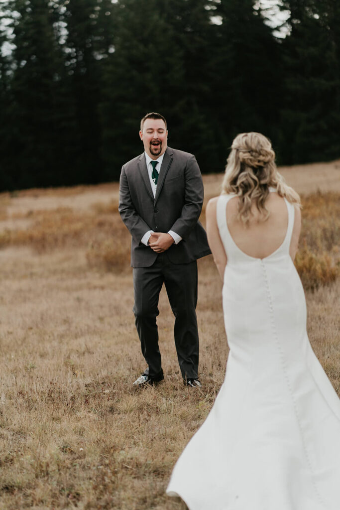 Bride and groom first look at Oregon wedding