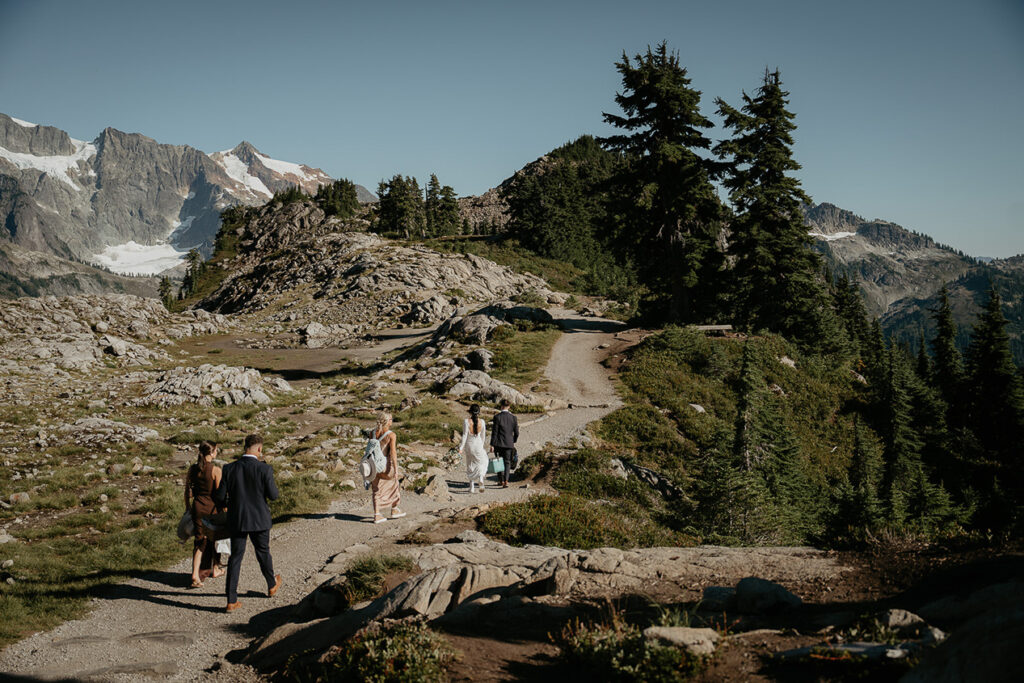 A group of people walking on a paved road in the mountains. 