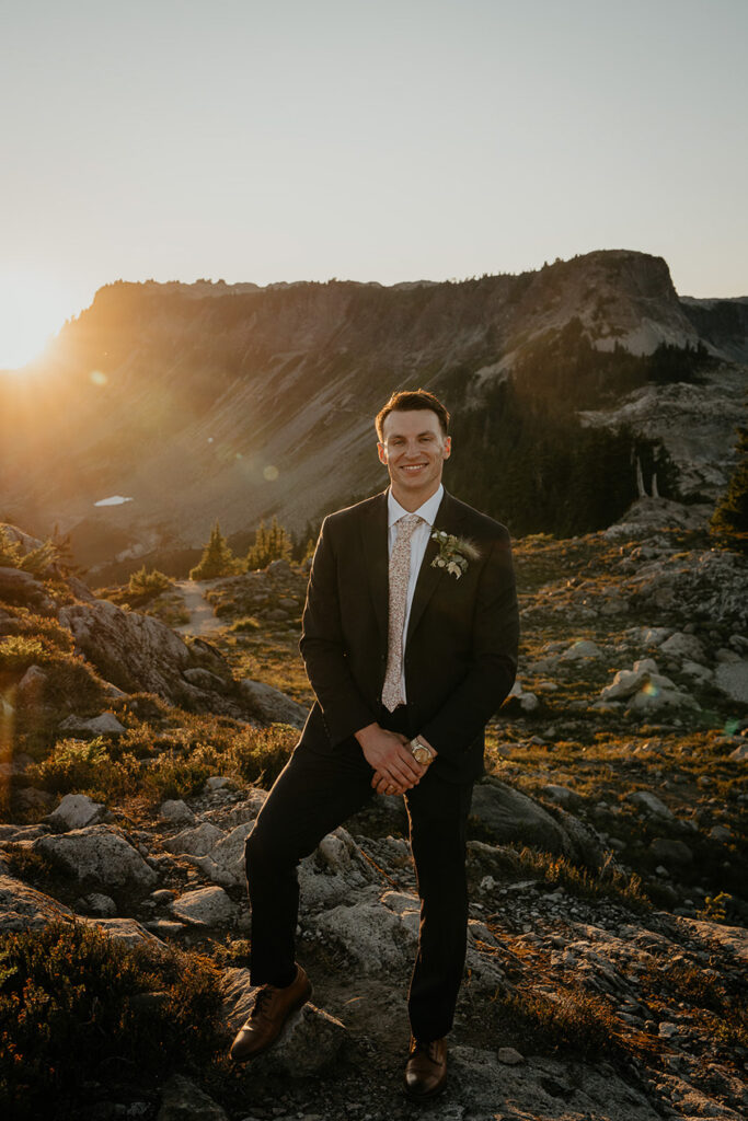 the groom smiling at sunset during his North Cascades elopement. 