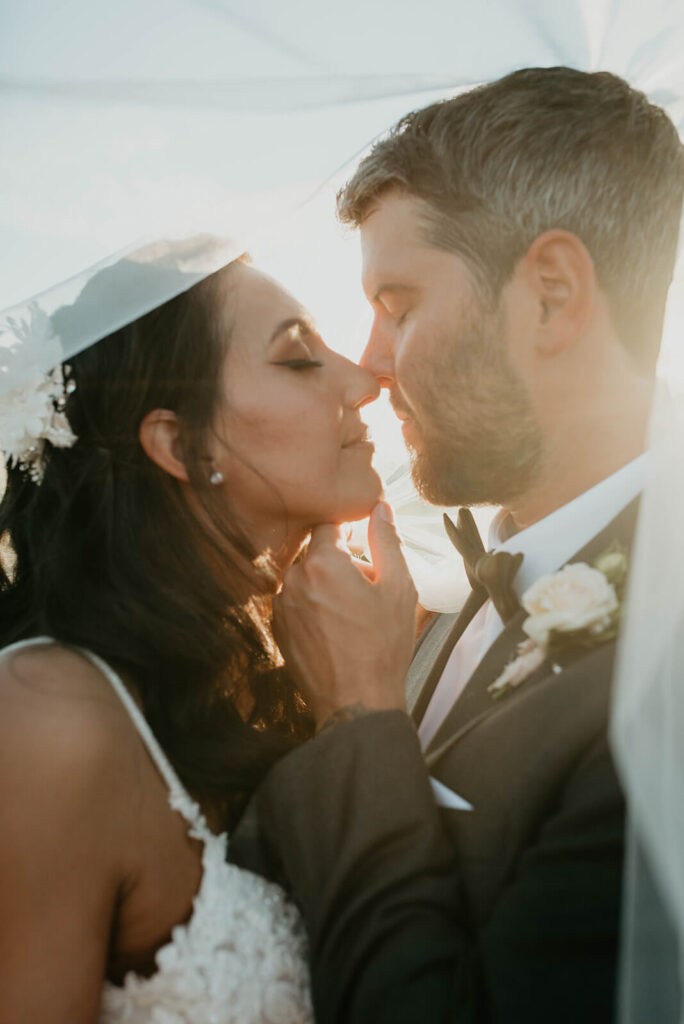 Bride and groom couple portraits under a veil at Furioso Vineyards