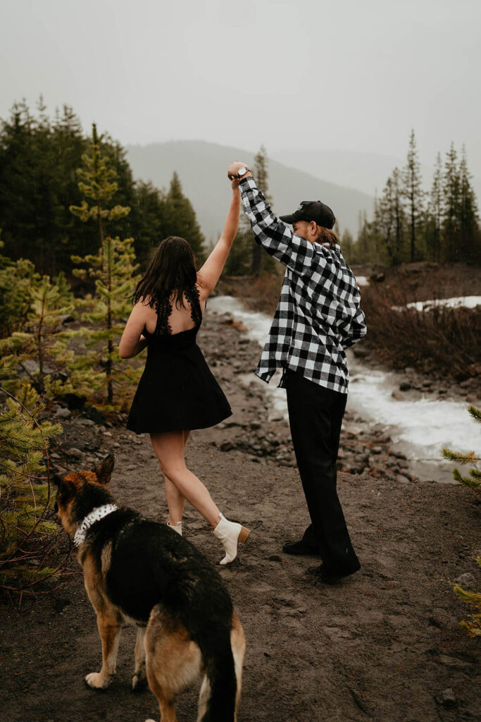 Couple dancing during unique engagement photos at Mt Hood