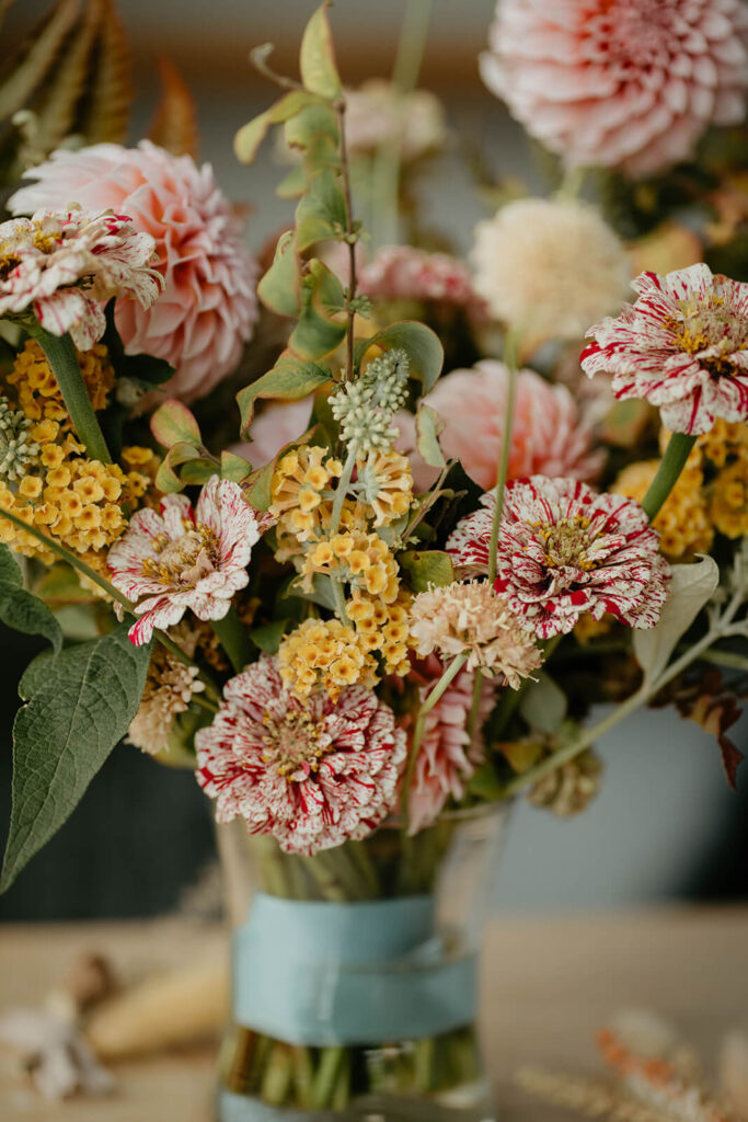 Pink, yellow and white botanical wedding flowers