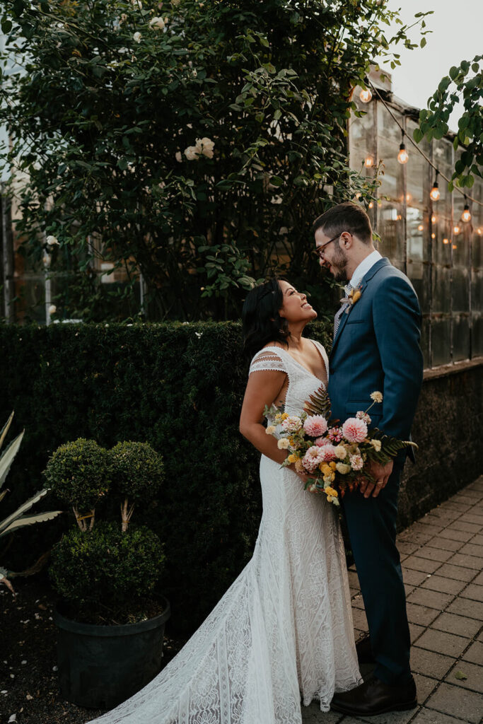 Bride and groom couple portraits during Blockhouse wedding at Pomarius Nursery