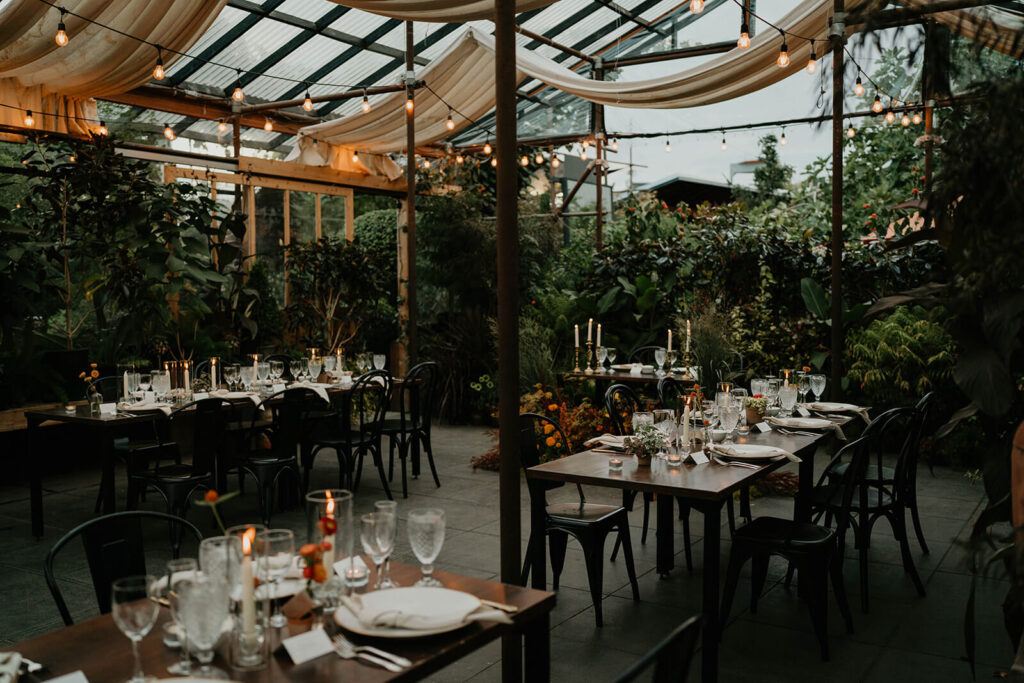 Botanical wedding dinner reception at Pomarius Nursery