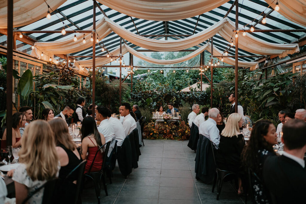 Blockhouse wedding dinner reception at Pomarius Nursery