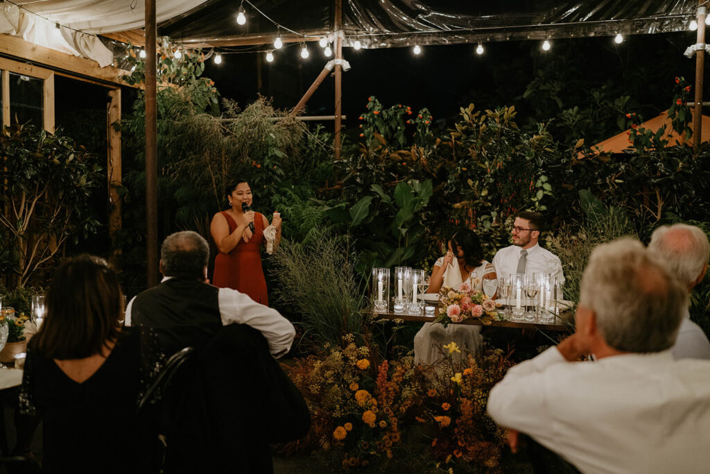 Speeches during Blockhouse wedding dinner reception at Pomarius Nursery