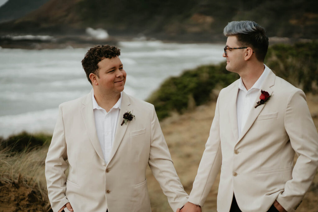 Groom portraits after elopement ceremony on the Oregon Coast