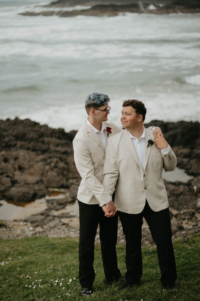 Groom portraits after elopement ceremony on the Oregon Coast