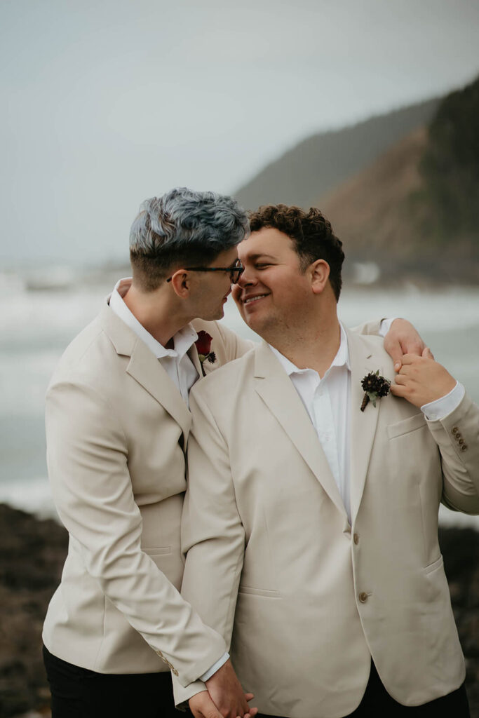 Groom portraits after elopement ceremony on the Oregon Coast