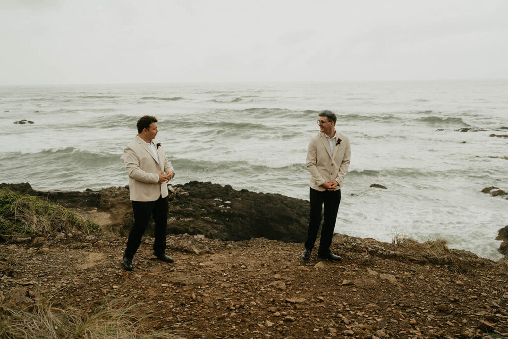 Two grooms first look on the Oregon Coast