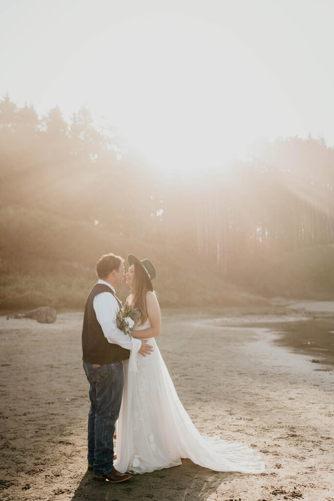 Bride and groom intimate beach wedding portraits on the Oregon Coast