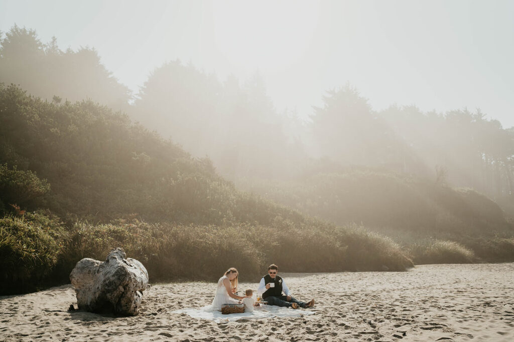 Intimate beach wedding picnic on the Oregon Coast