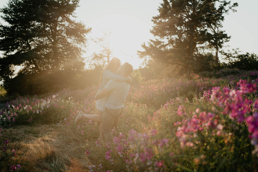 Sunset couple portraits during Seattle engagement photos in Discovery Park