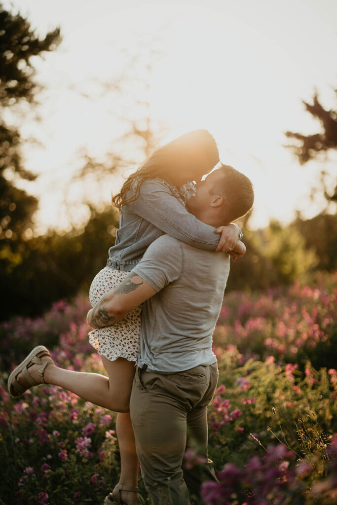 Sunset couple portraits during Seattle engagement photos in Discovery Park