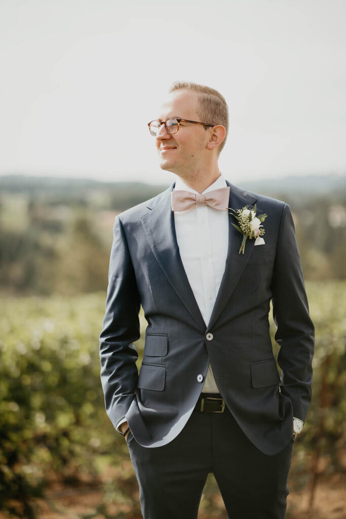 Groom portraits at Willamette Valley Vineyards wedding