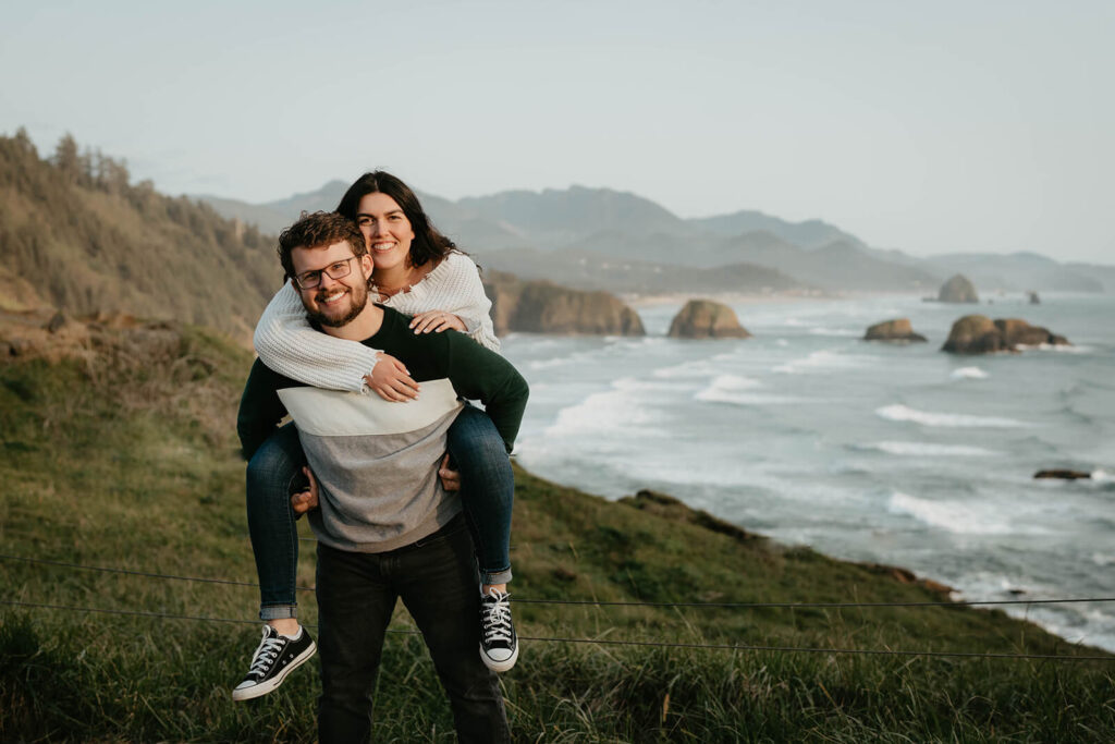 Couple engagement photos on the beach at Cannon Beach, Oregon