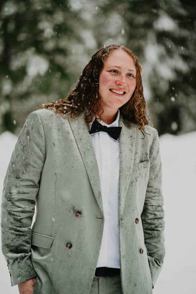 Bride wearing green suit