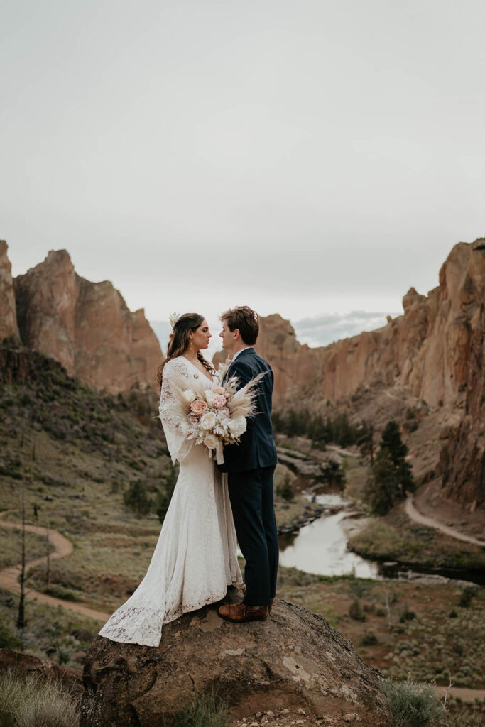 Bride and groom elopement portraits at Smith Rock elopement