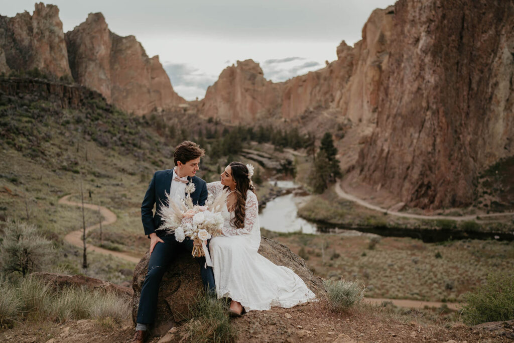 Bride and groom elopement portraits at Smith Rock elopement