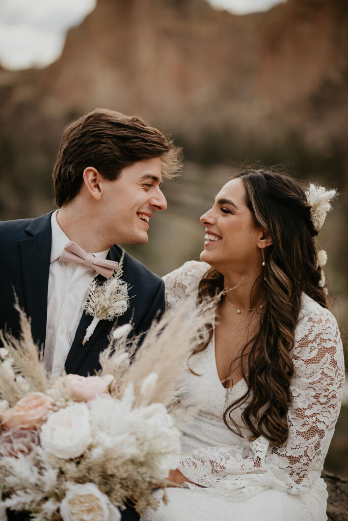 Bride and groom elopement portraits at Smith Rock elopement