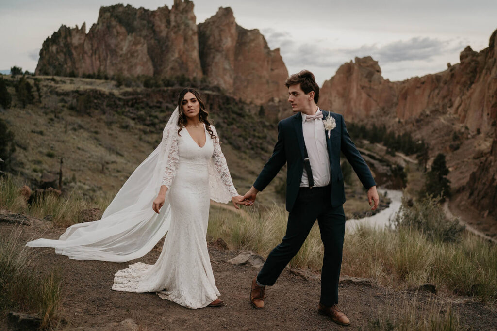 Bride and groom elopement portraits at Smith Rock elopement