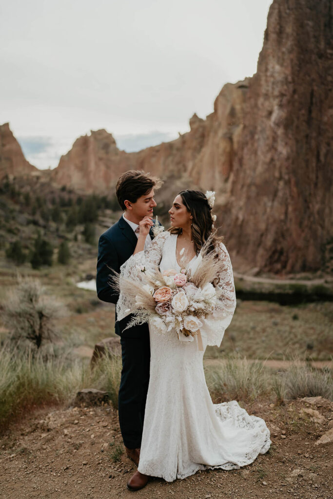 Bride and groom elopement portraits at Smith Rock elopement