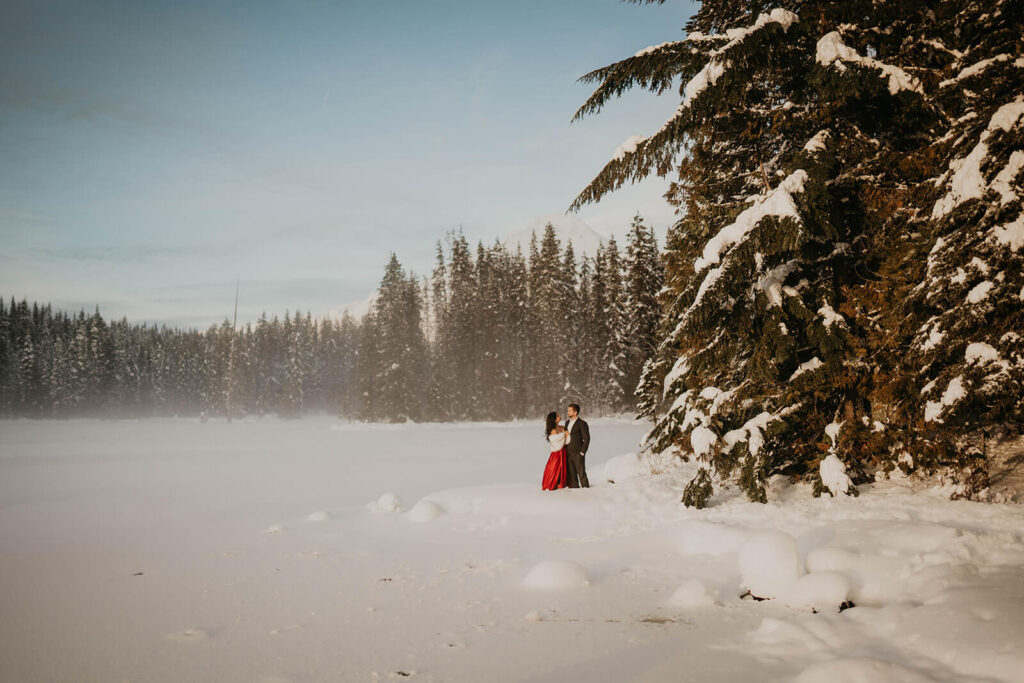 Snowy Engagement Photos at Trillium Lake, Oregon