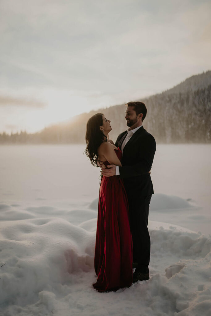 Engagement photos red dress at Trillium Lake, Oregon