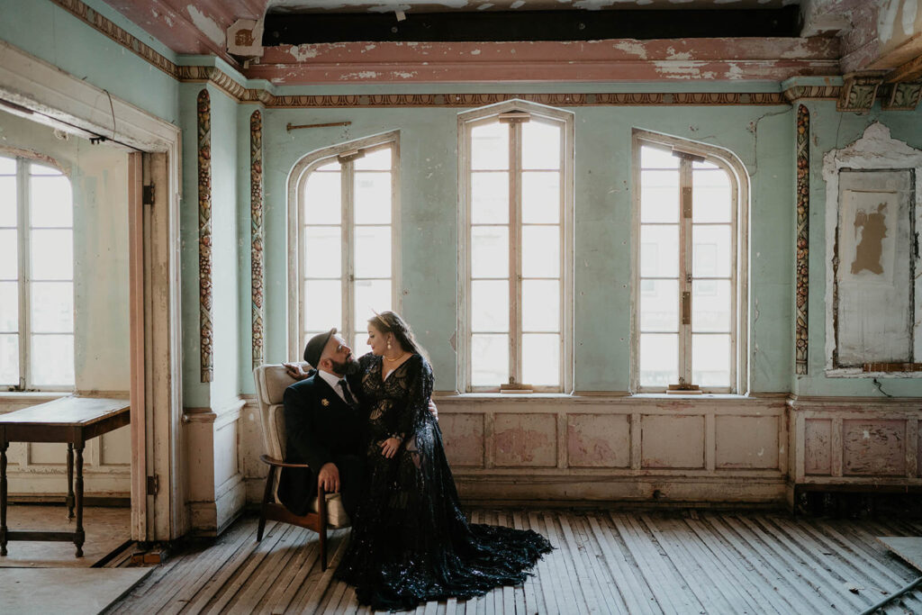 Bride and groom dark wedding portraits at the Ruins at the Astor