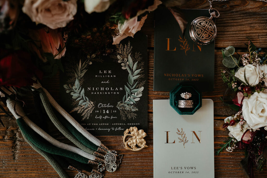 Green, gold and burgundy dark wedding details 