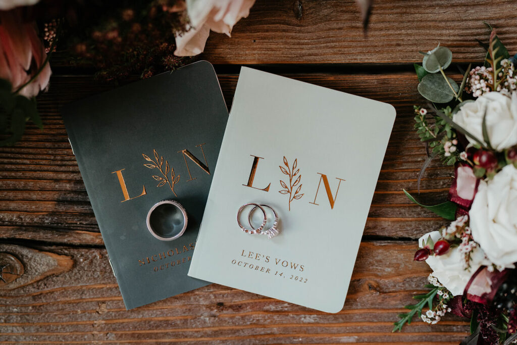 Rings sitting on top of green and white vow books