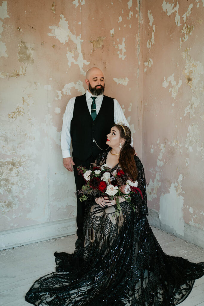 Bride and groom portraits at The Ruins at the Astor