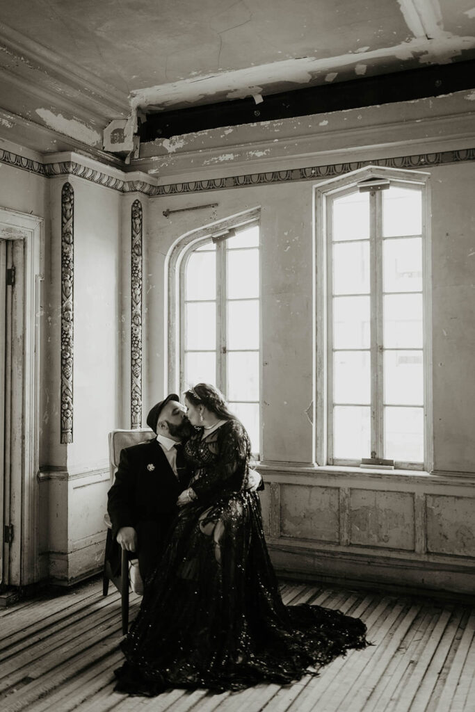 Bride and groom dark wedding portraits at the Ruins at the Astor