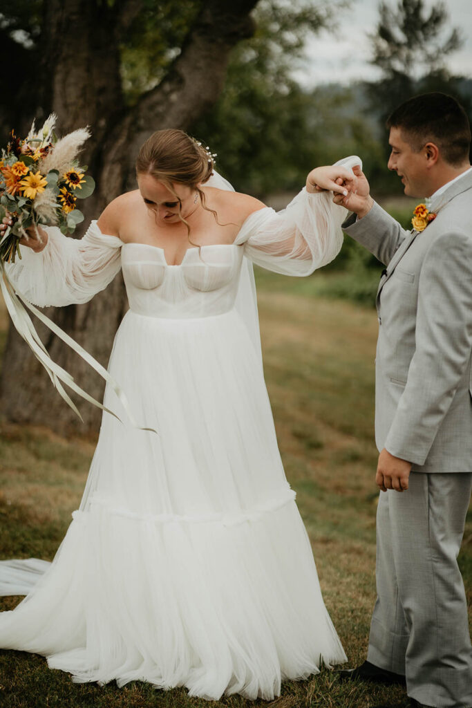 Bride and groom first look at Pemberton Farm