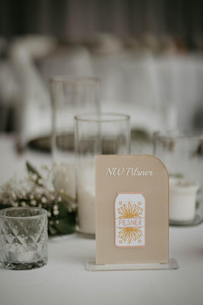 Neutral drink sign at romantic wedding reception at Pemberton Farm