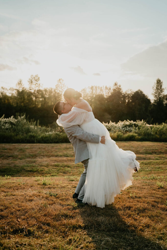 Bride and groom couple portraits at romantic wedding in Washington