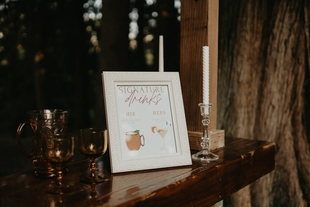 Bar with signature his and her drink menu at CedarVale Events