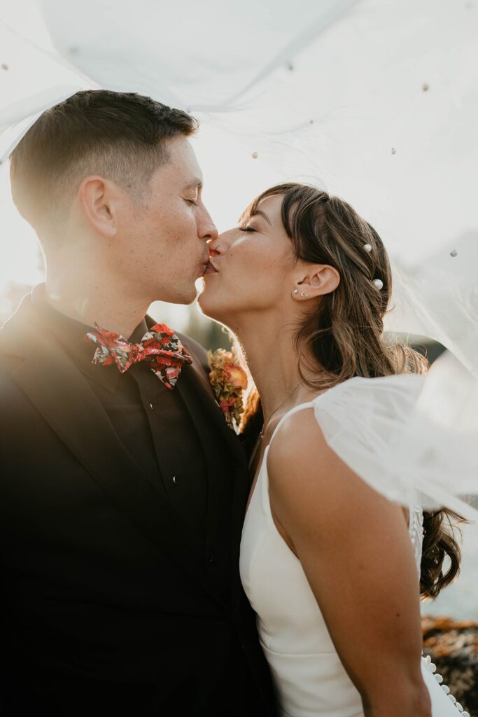 Bride and groom kiss under the veil during wedding portraits by the Columbia River in Oregon