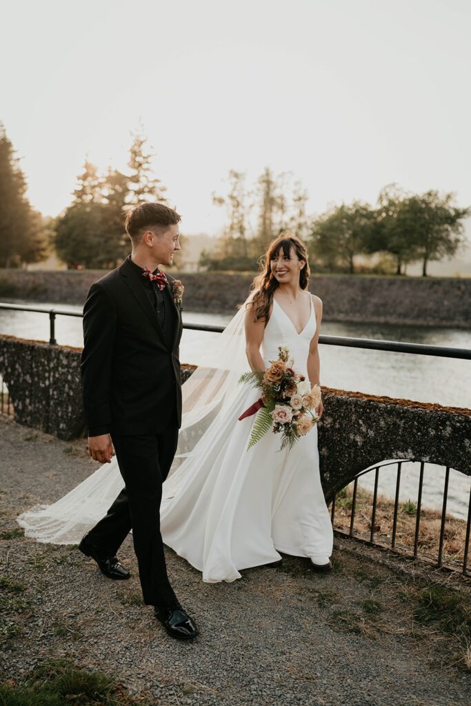 Bride and groom wedding portraits by the Columbia River in Oregon