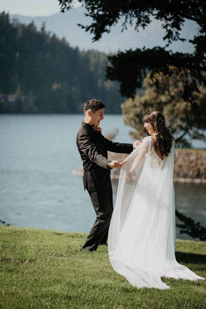 Groom's reaction to bride first look at Thunder Island wedding