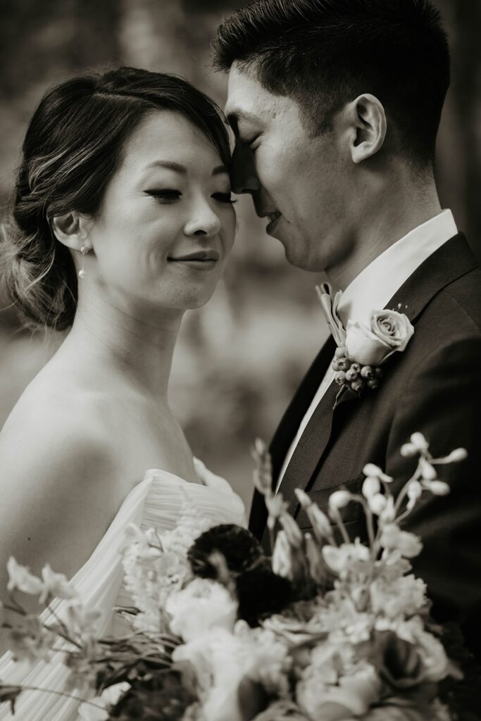 Bride and groom wedding portraits on the garden trail at Bridal Veil Lakes