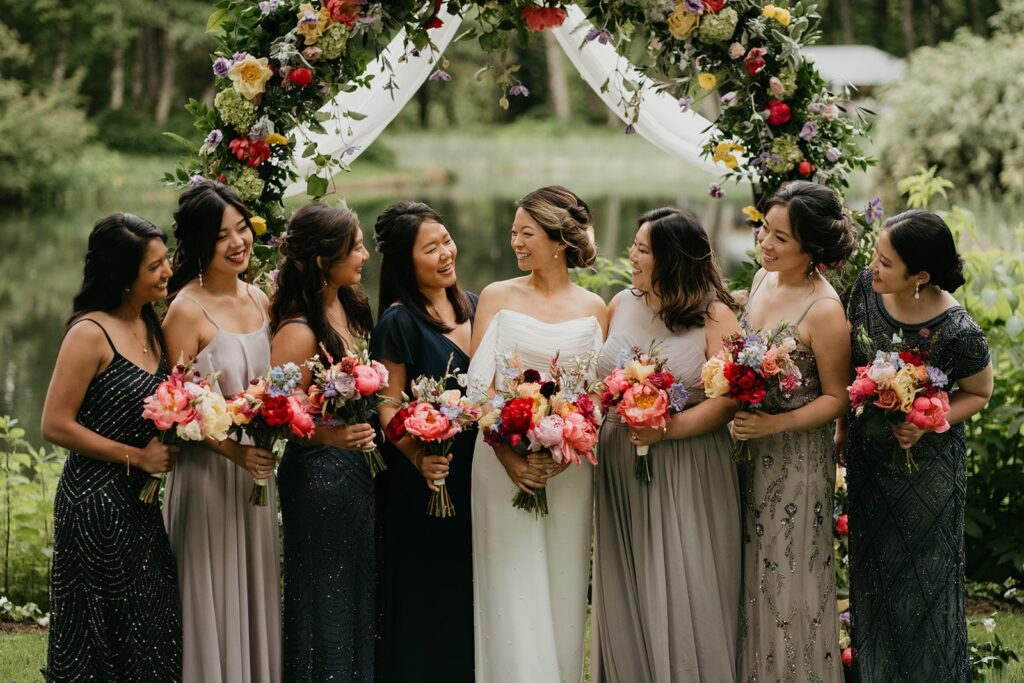 Bride with her bridesmaids at Bridal Veil Lakes wedding