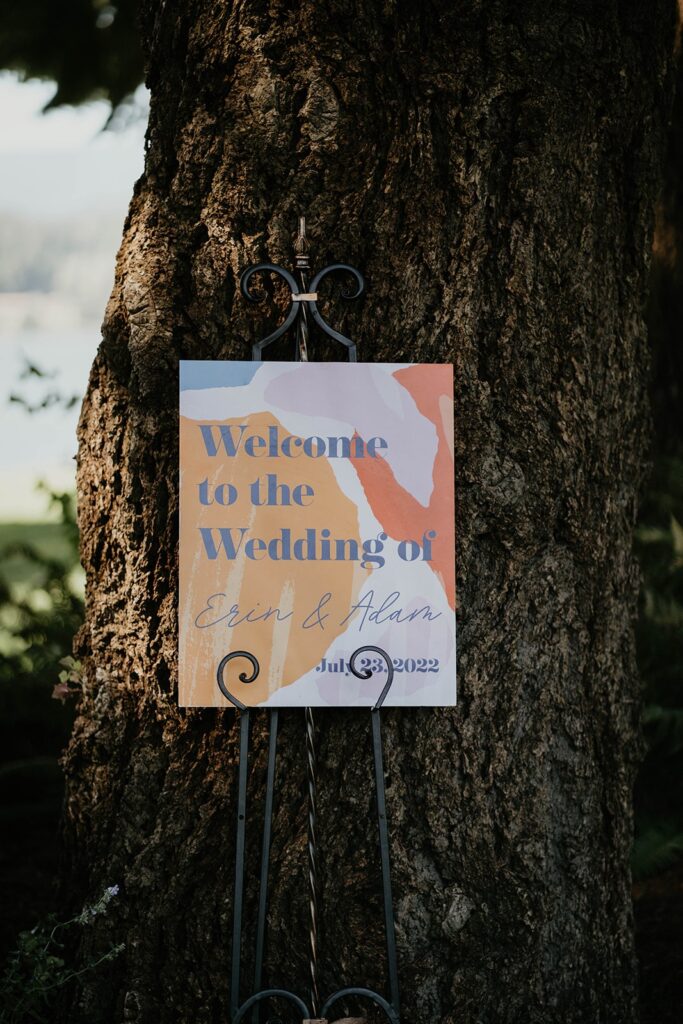 Colorful wedding signage at Cascade Locks wedding