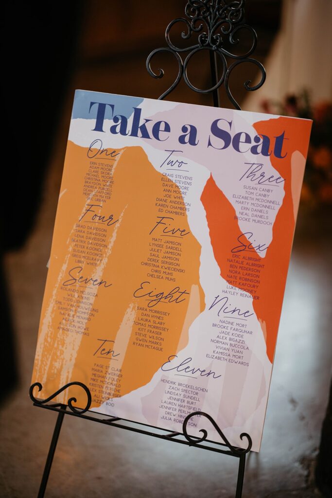 Colorful seating chart wedding signage 