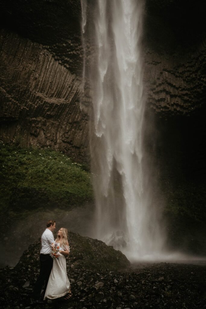 Bride and groom Latourell Falls elopement portraits