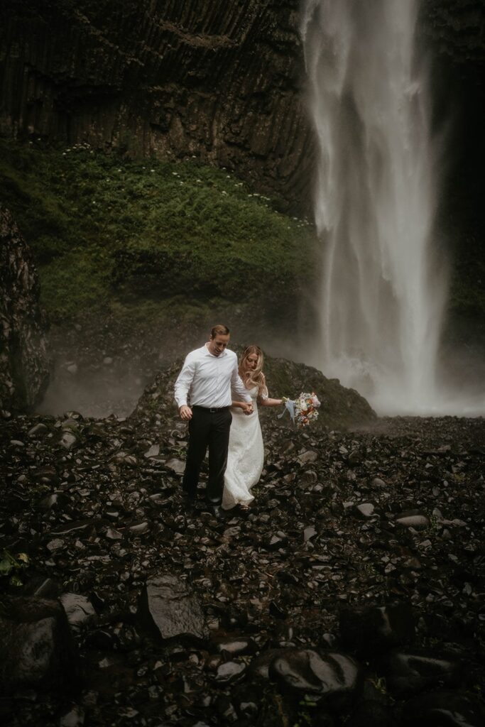 Bride and groom Latourell Falls elopement portraits